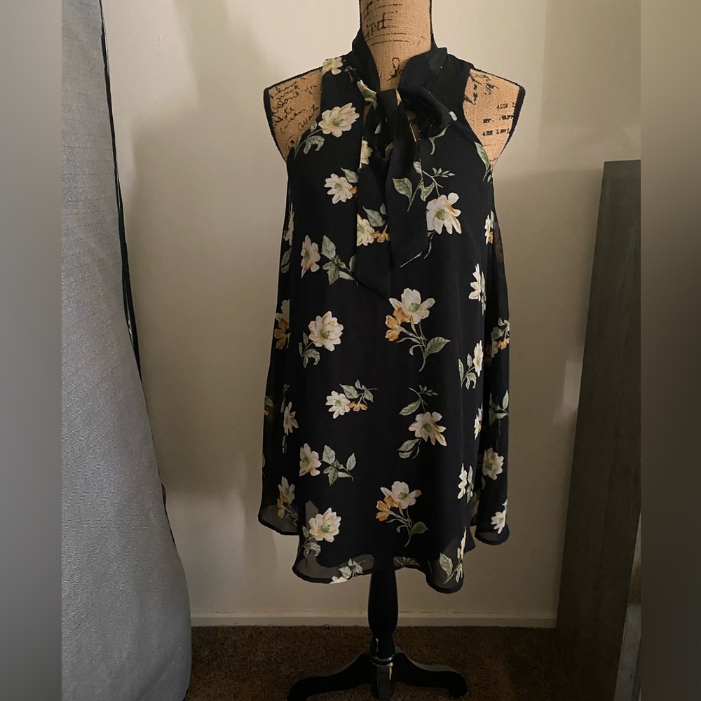Floral Tie-Neck Black Sleeveless Dress